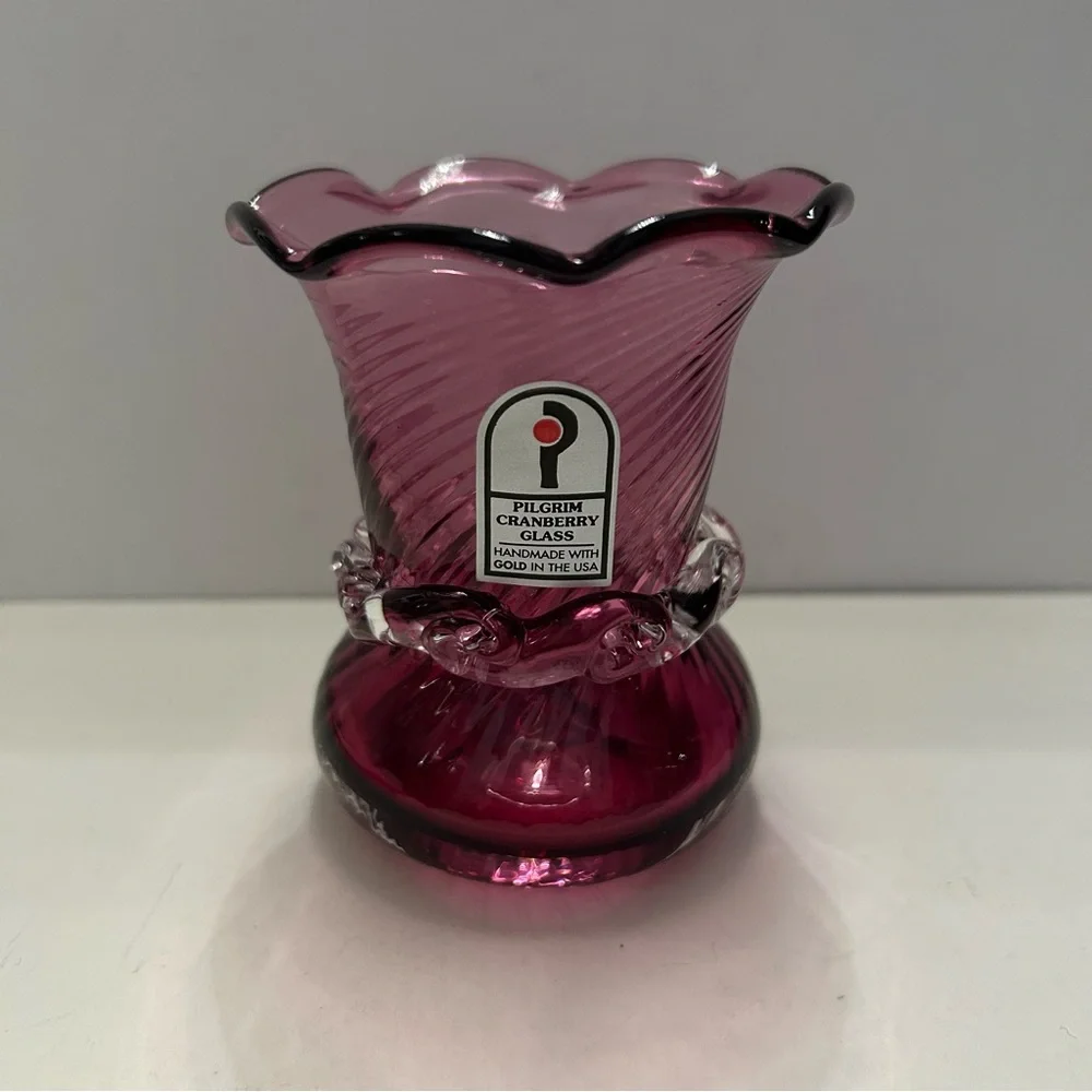Vintage Pilgrim Cranberry Swirl Glass Vase Handblown with Original Box
